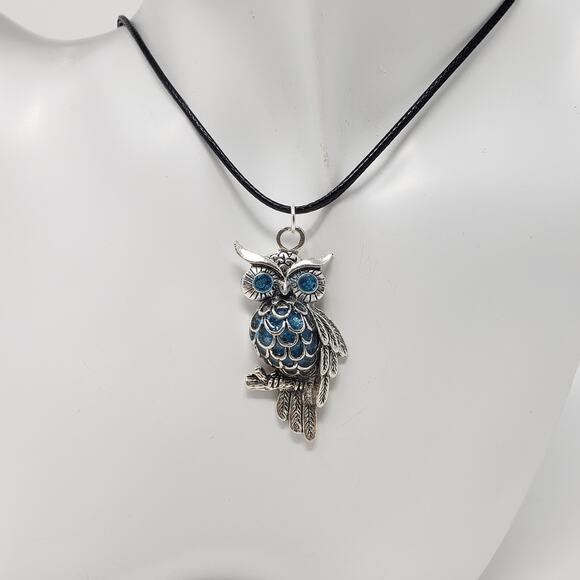 Owl Pendant Necklace w/ Blue Sparkle Resin Body & Eyes - Picture 2 of 8